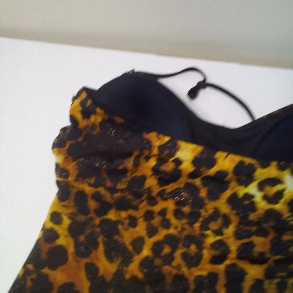 Jaclyn Smith Tankini Top Women 18 Swim Halter Padded Cup Animal Print Black Gold